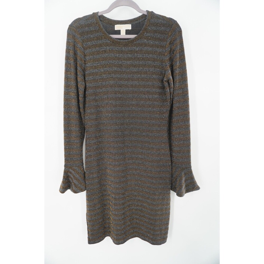 MICHAEL Michael Kors Metallic Lurex Stripe Bell Sleeve Flounce Knit Dress Size M